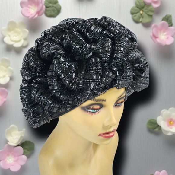 Vintage 1950s Carson Pirie Scott Black Cellophane Straw Pouf Hat Chicago RARE - Picture 1 of 11